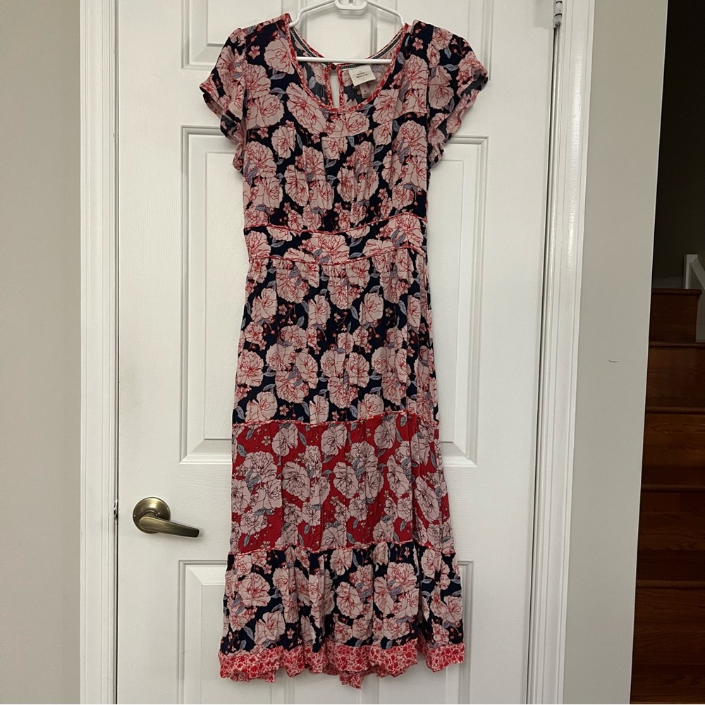 Knox Rose Women's Red and Blue Floral Midi Tiered Shirt Dress Short Sleeves